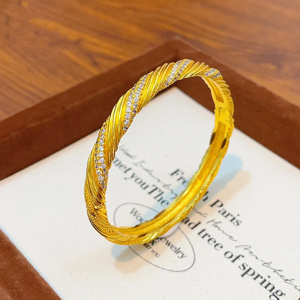 铜合金手镯 轻奢时尚精致微镶满天星麻花手镯金色卡扣镯子