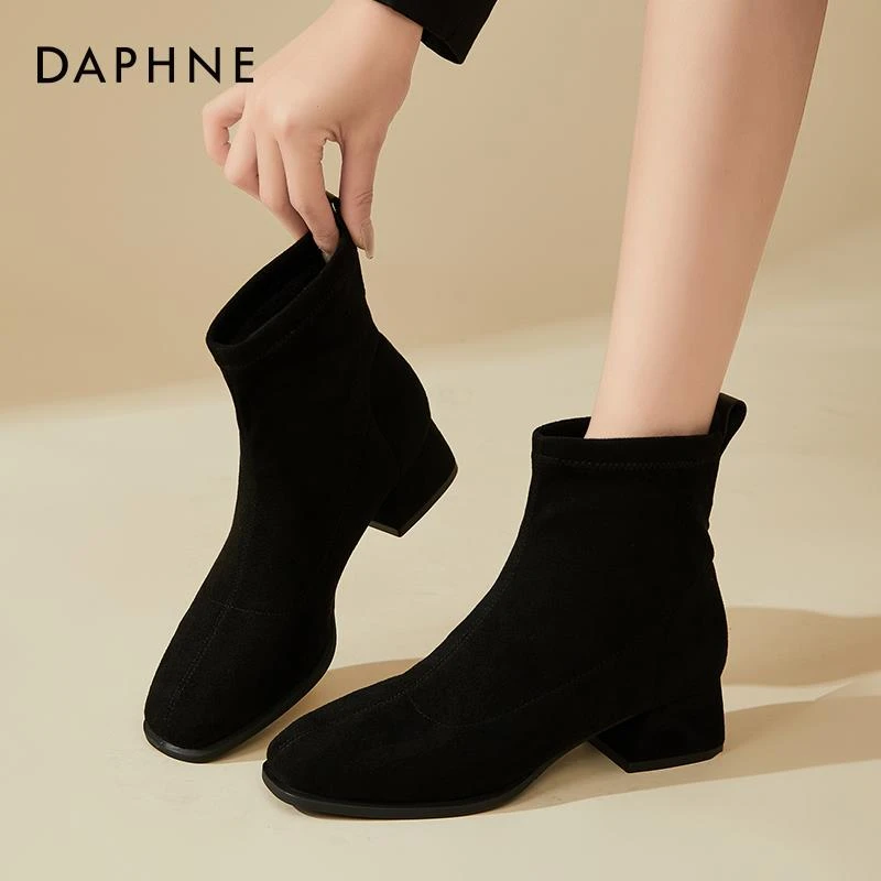 达芙妮粗跟靴子短靴女冬季加绒2025新款妈妈鞋高跟鞋秋冬款瘦瘦靴