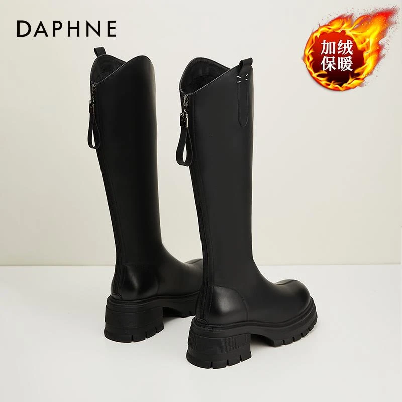 达芙妮/Daphne加绒加厚保暖棉鞋女冬新款英伦风复古V口粗跟长筒靴