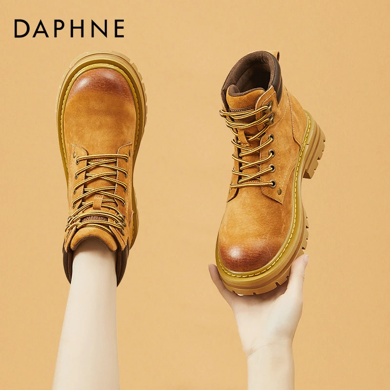 达芙妮大黄靴马丁靴女鞋踢不烂厚底短靴秋冬季2025新款加绒工装靴