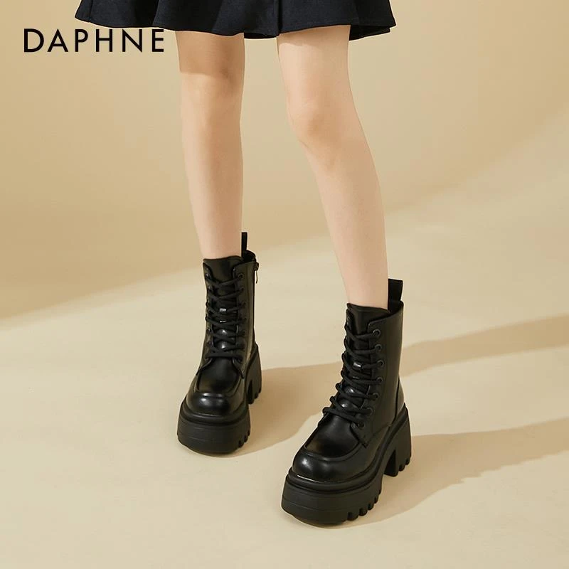 达芙妮/Daphne内增高复古粗跟马丁靴女冬季新款加绒加厚保暖棉鞋