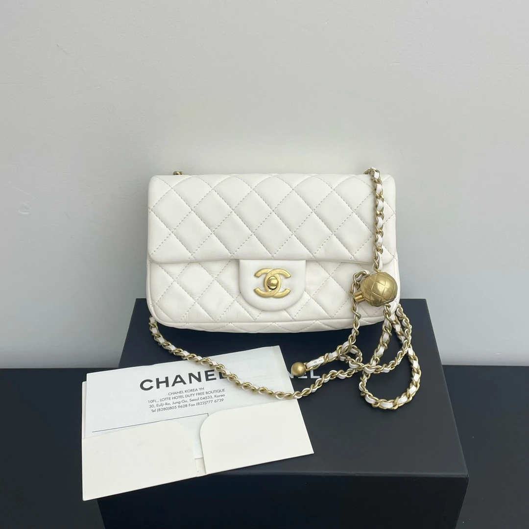 99新 Chanel/香奈儿 金球大mini 白色金扣附件:尘袋 盒子 小票