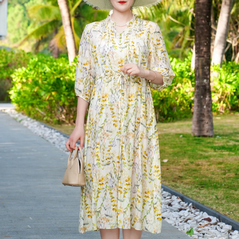 【堇兰】春夏新款气质真丝裙印花收腰桑蚕丝连衣裙YYQ22-516