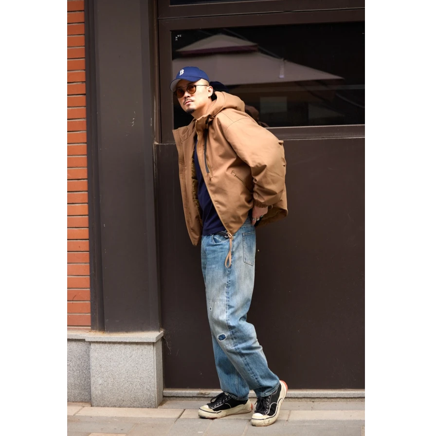 连帽外套男秋冬户外登山服休闲夹克绒服90白落肩款