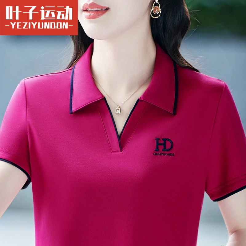 翻领短袖t恤女百搭新款冰丝品牌polo衫高档洋气宽松薄款休闲上衣