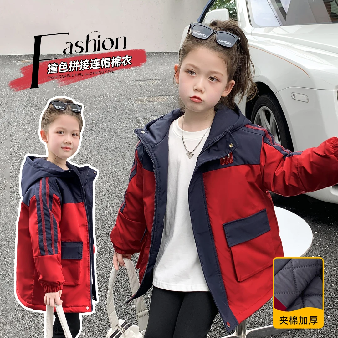 小菲特冬季新款女童装时尚拼色中大童连帽外套儿童上衣JMYD35048