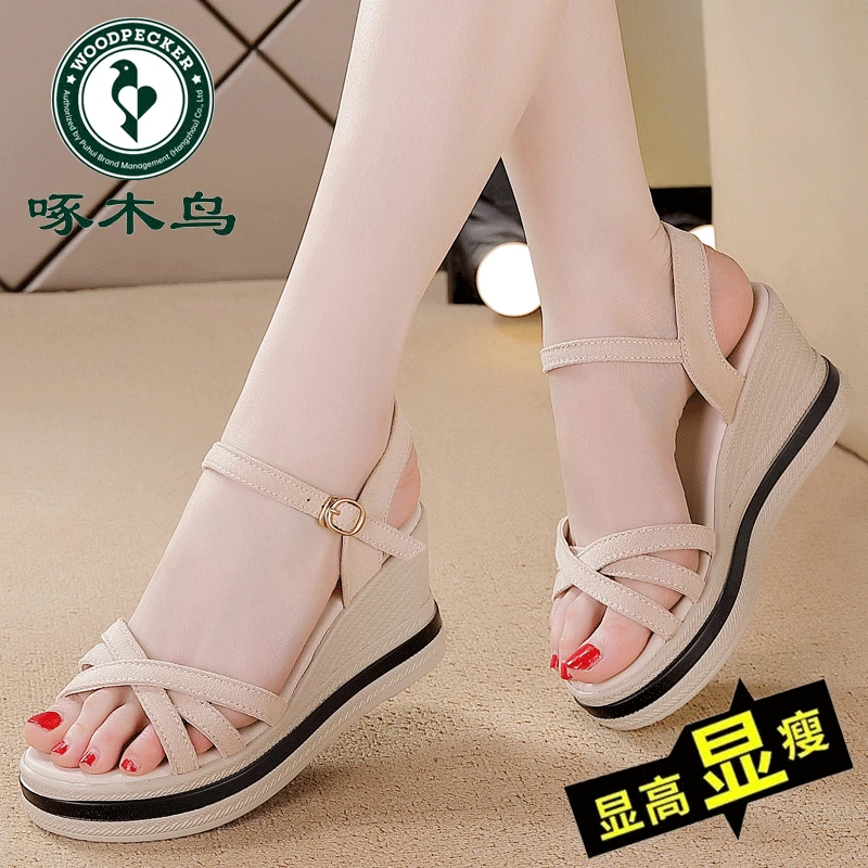 啄木鸟坡跟凉鞋女鞋2024新款夏季时尚显瘦外穿厚底防滑高跟凉鞋女
