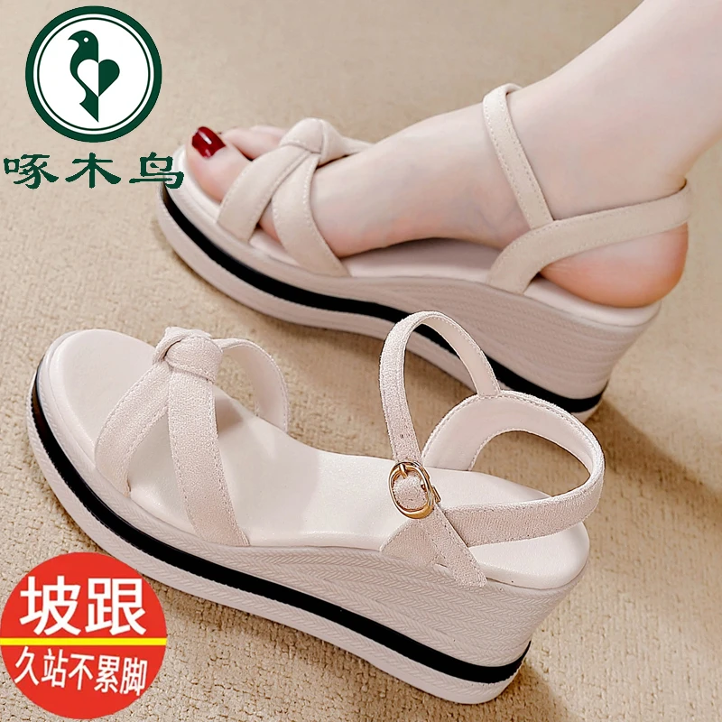 啄木鸟品牌坡跟百搭凉鞋女2024夏季新款防滑软底高跟时尚外穿凉鞋