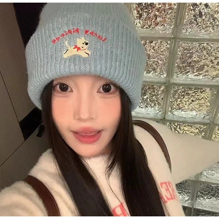 可爱小狗刺绣针织帽女韩版秋冬保暖显脸小护耳毛线帽百搭冷帽子男