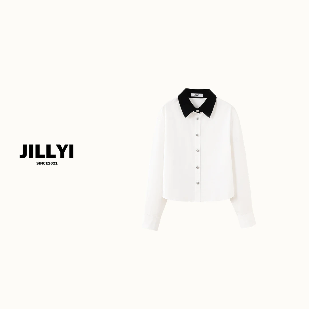 JILLYI南山店【经典小香】黑白拼接丝绒领衬衫气质长袖白色时尚纯色