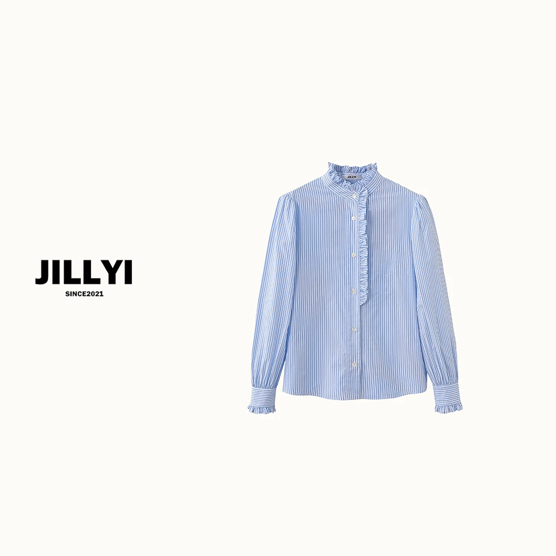 JILLYI南山店【优雅图书馆】蓝白条纹褶皱边设计半高领长袖衬衫秋