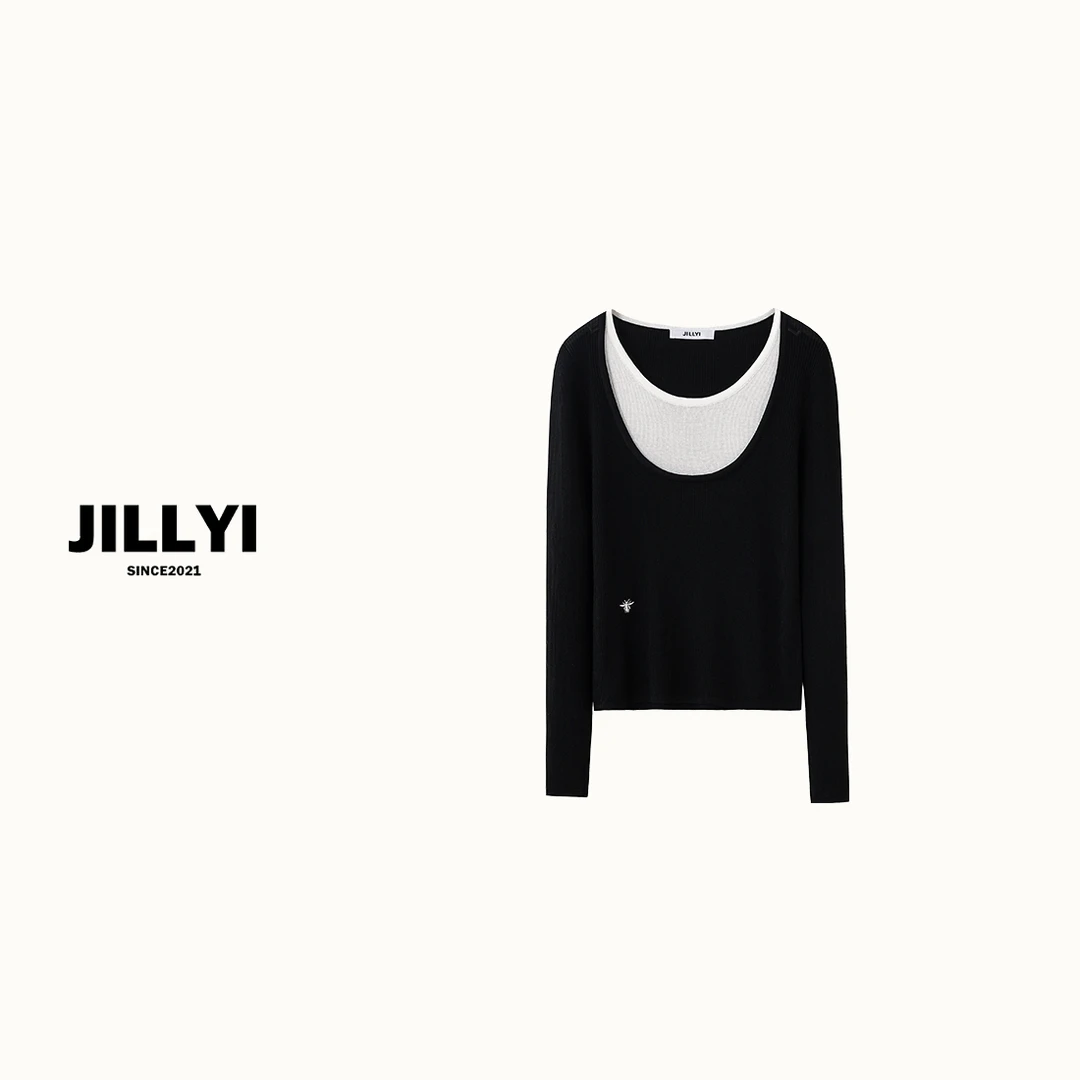 jillyi南山店【撞色小蜜蜂】黑白拼色假两件长袖针织衫百搭套头秋冬