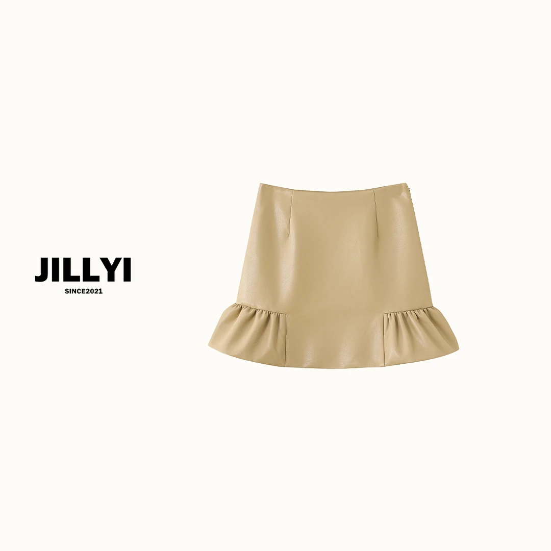 JILLYI南山店【摩卡蜜茶半裙】咖色蓬蓬皮裙气质女装半身裙简约百搭