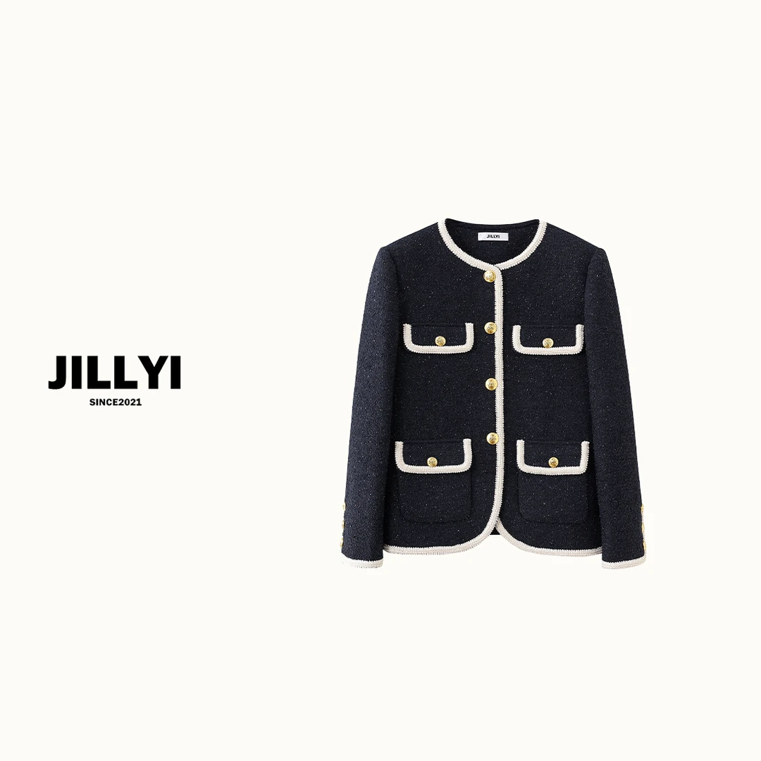 JILLYI南山店【黑白胶片】黑白拼色小香风圆领单排金色扣毛呢外套