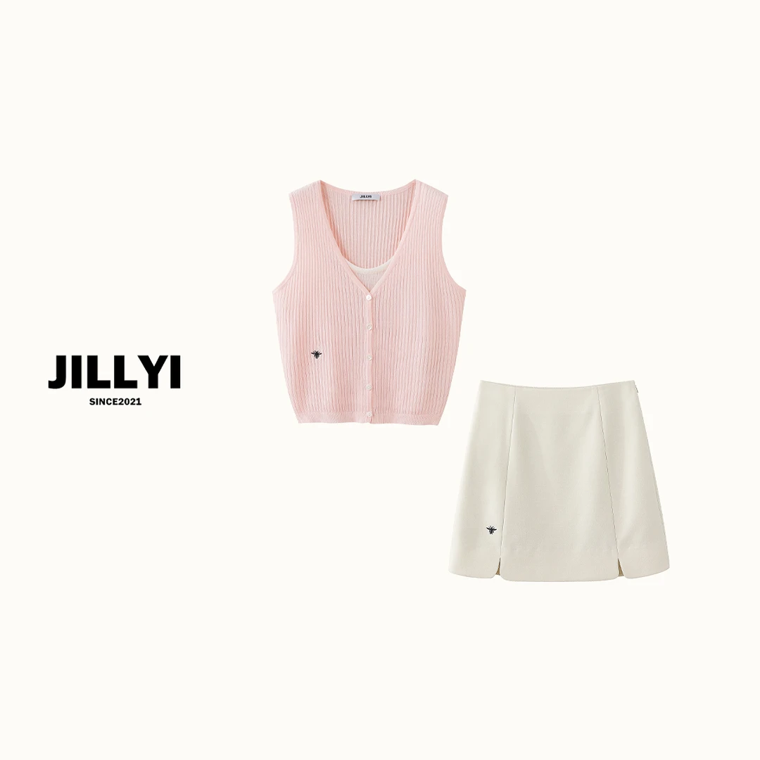 JILLYI南山店【樱花季节】+【简约刺绣】浅粉色假两件刺绣背心套装