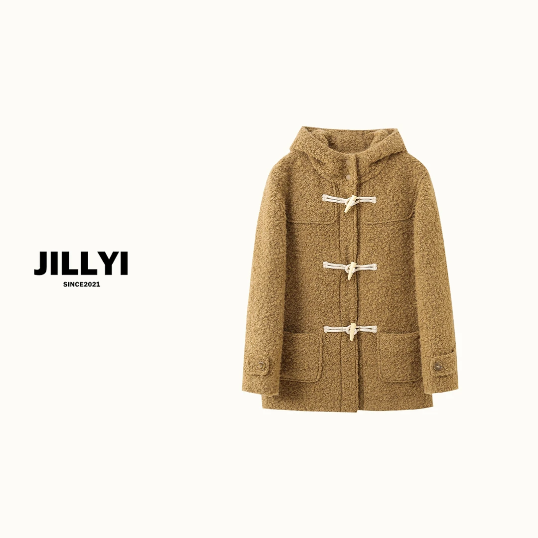 JILLYI南山店【泰迪棕】驼色连帽单排扣毛绒外套时尚休闲加厚韩版