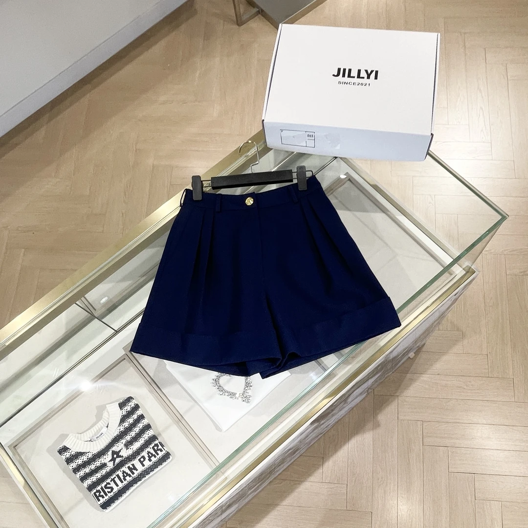 JILLYI南山店【甜心短裤】藏青色金扣A字短裤显瘦时尚百搭夏季设计