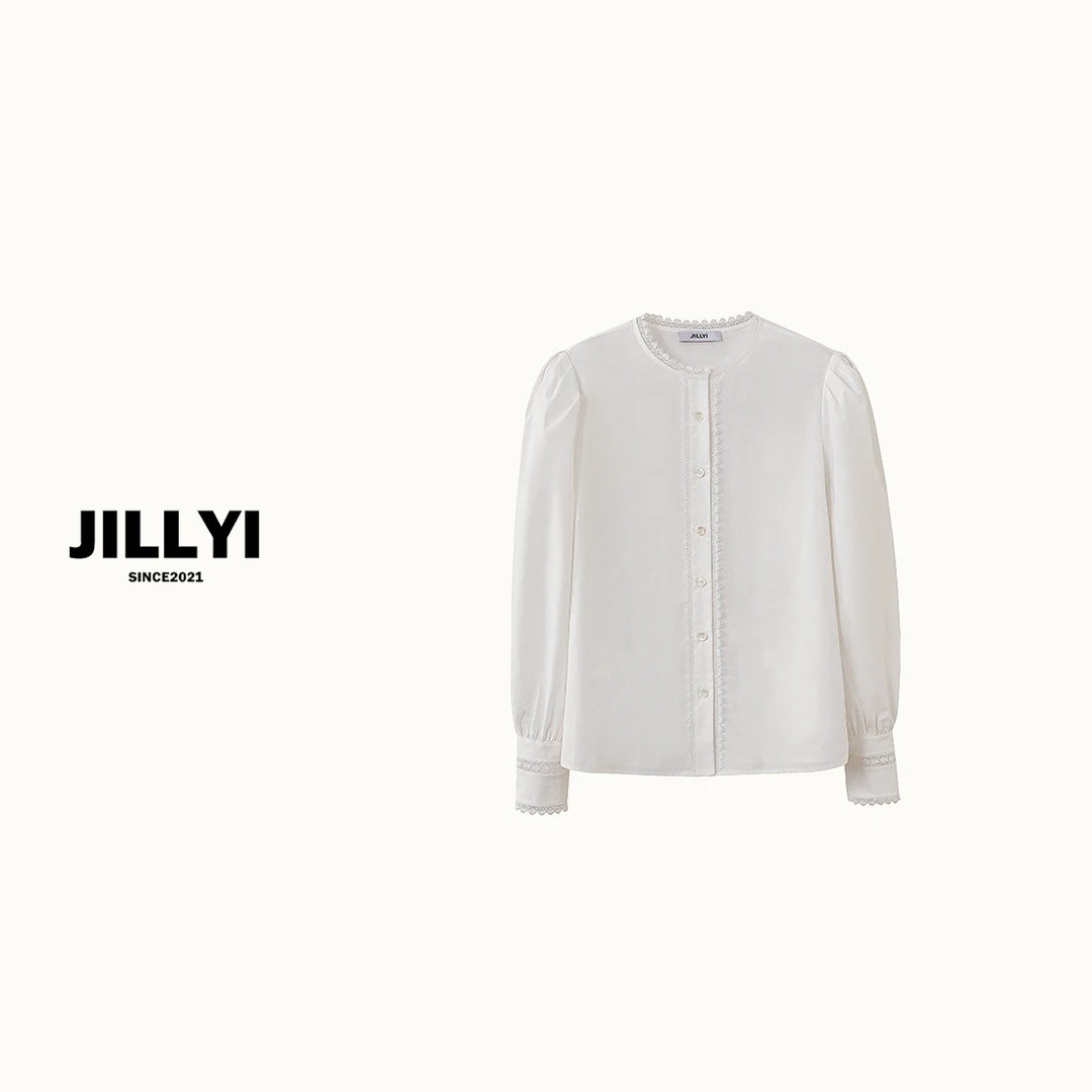 JILLYI南山店【微醺少女】JILLYI法式天花板圆领女士白色蕾丝衬衫