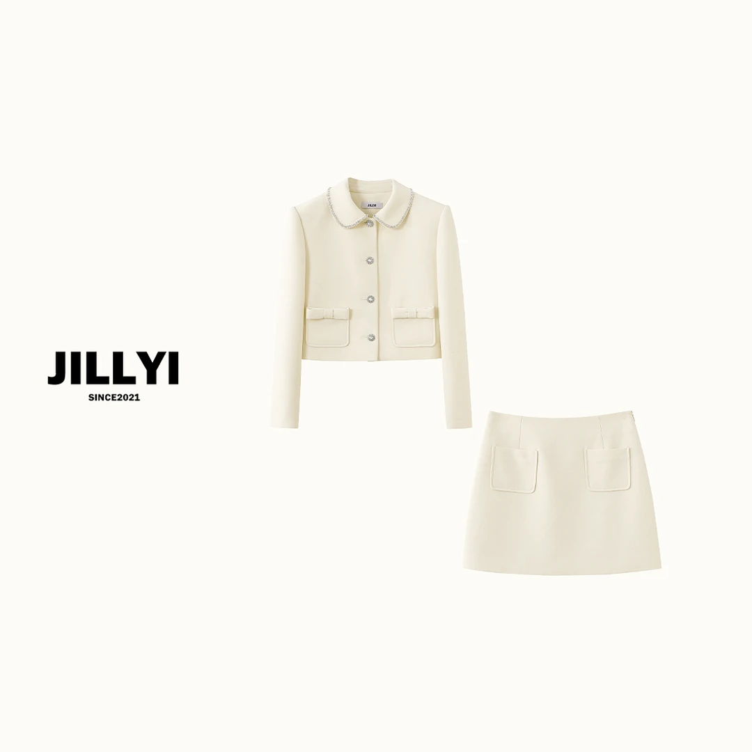 JILLYI南山店【香草天空】白色手缝小钻石单排扣粗花呢套装小香风