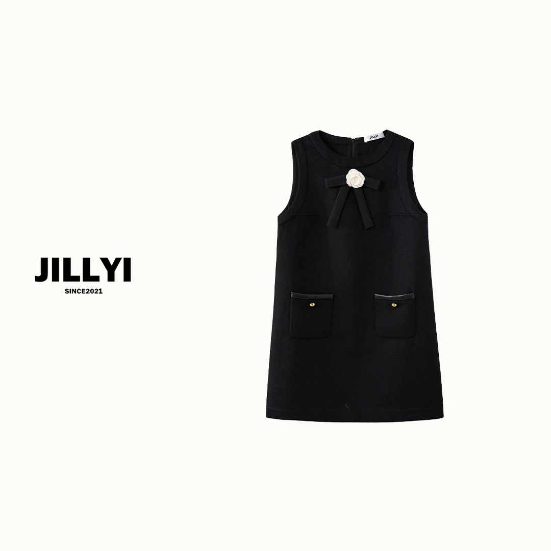 JILLYI南山店【茶花小姐裙】小香风连衣裙简约花朵时尚毛呢裙百搭