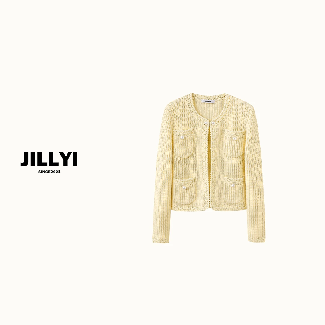 JILLYI南山店【珍珠舞曲】时尚黄色圆领手缝珍珠镂空长袖针织开衫