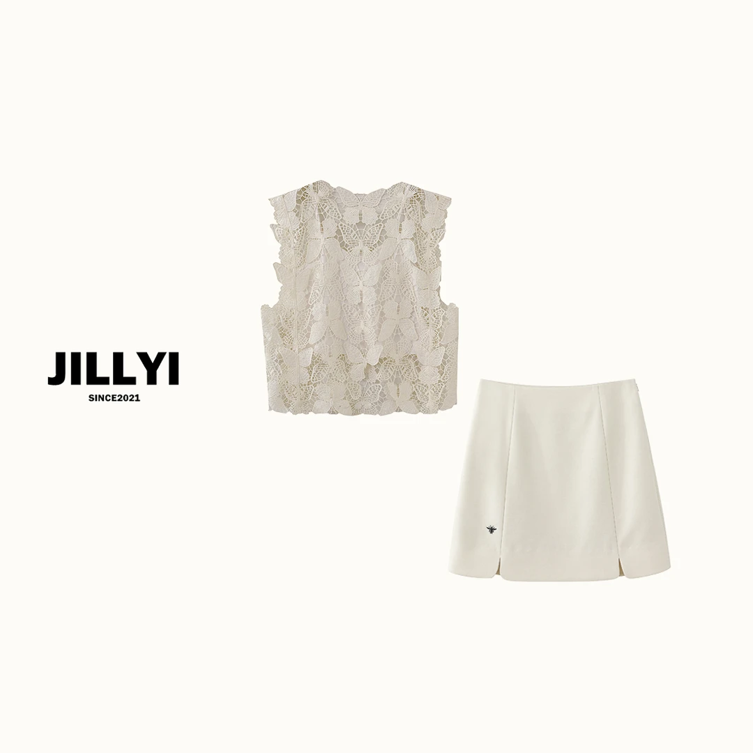 JILLYI南山店【蝴蝶秘境穿搭】奶油杏镂空真两件背心刺绣半裙套装