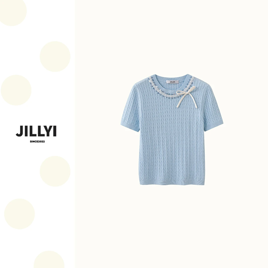 JILLYI南山店【月光松蓝】天空蓝纯白两色针织手工短袖时尚休闲夏季