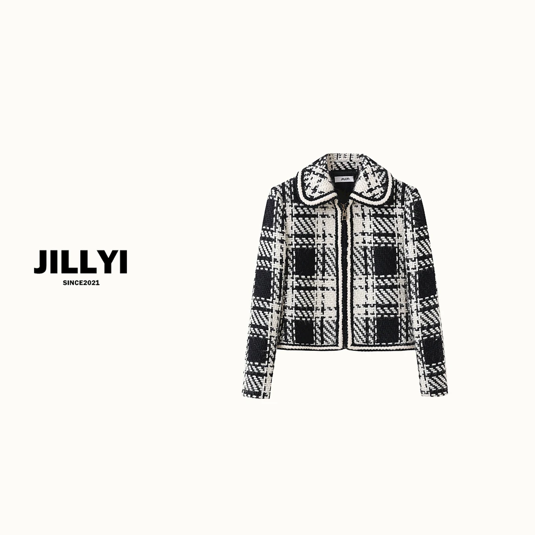 JILLYI南山店【黑白格】黑白格子外套气质时尚翻领版本家粗花呢秋冬