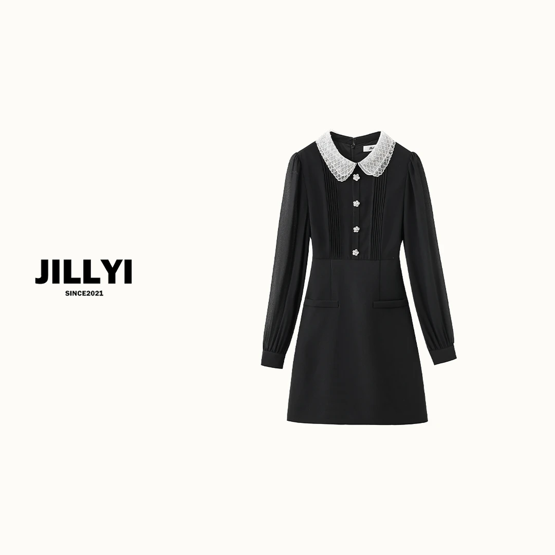 JILLYI南山店【暗夜凝光】手工领重工翻领长袖女装连衣裙气质设计师