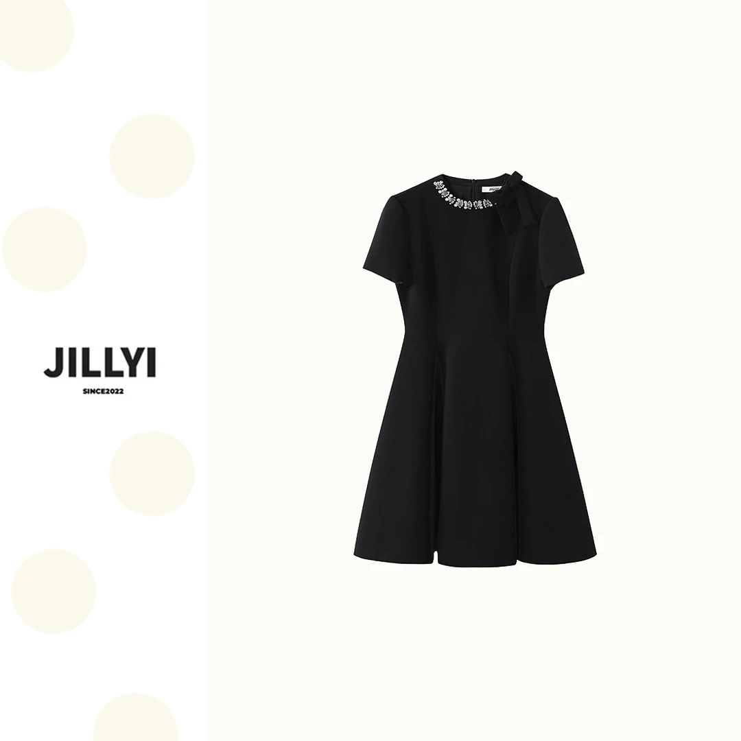 JILLYI南山店【海洋之心】夏季超贵气的纯色钻石领圈收腰显瘦连衣裙