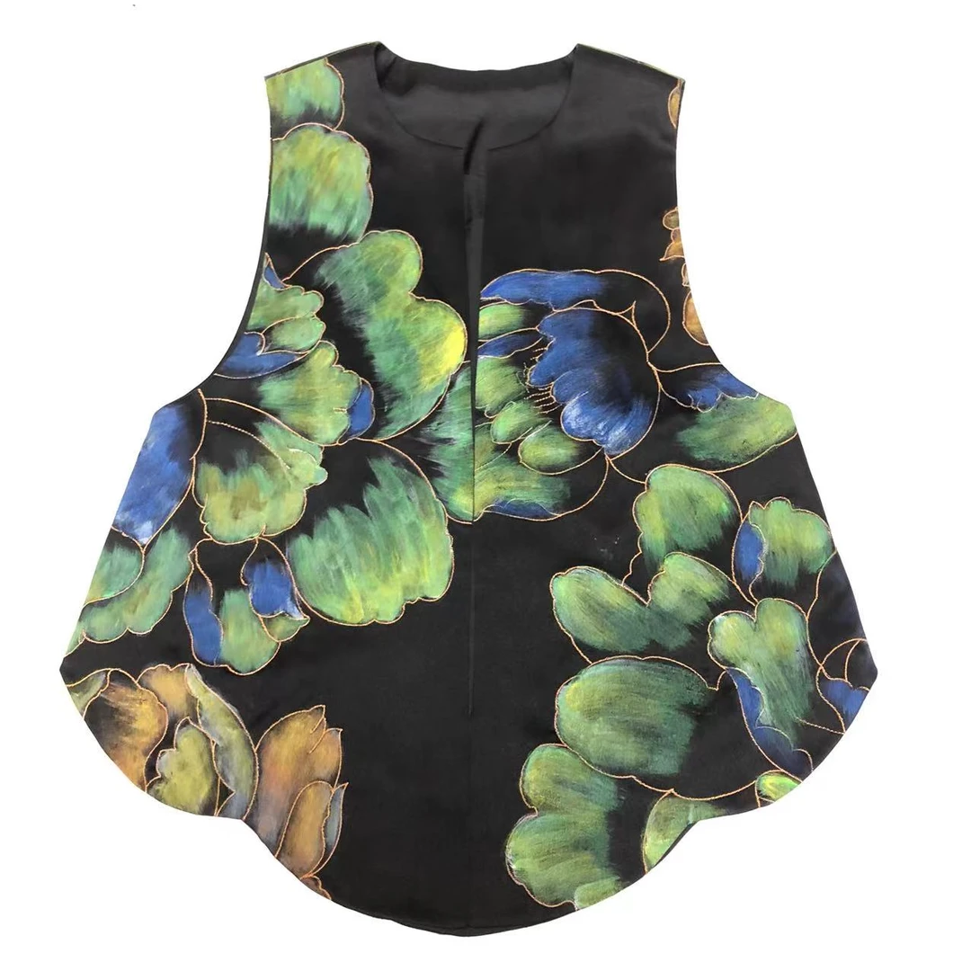 凡绣新中式 墨池手绘香云纱 花瓣马甲