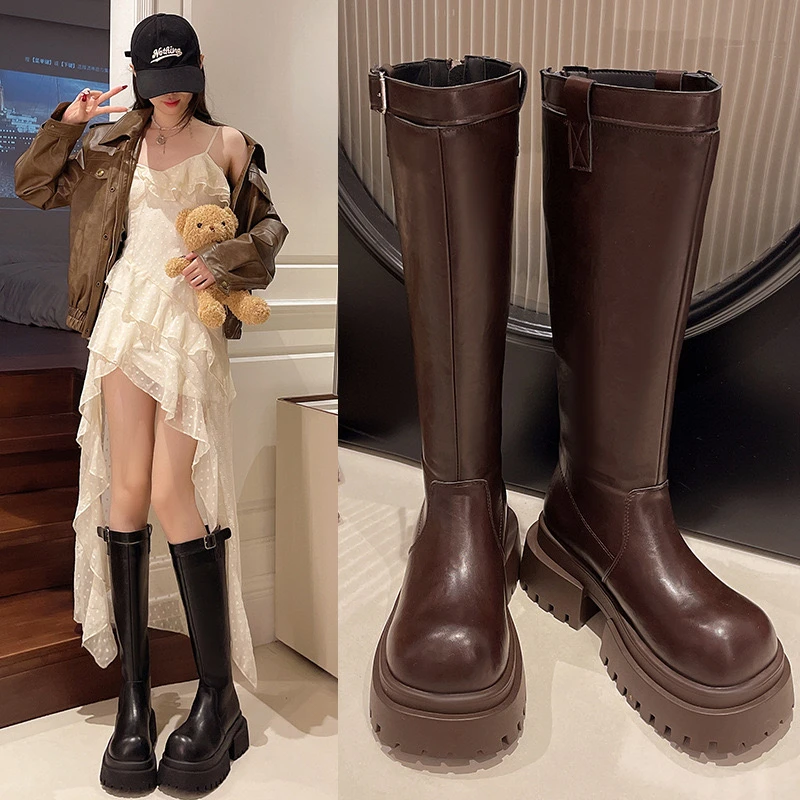 厚底百搭时尚增高显瘦小个子7公分加绒骑士新款英伦风长筒瘦瘦靴