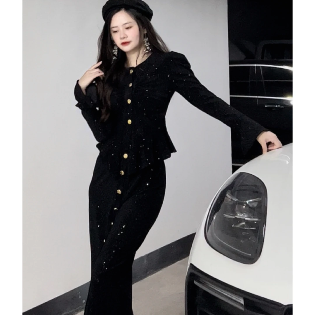 灰小猫 秋冬新款【海星】荷叶边长袖开衫上衣+高腰松紧半身裙套装女