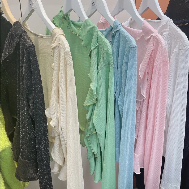 春夏季新款时尚百搭弹力荷叶边长袖短款宽松防晒衫开衫外套上衣女