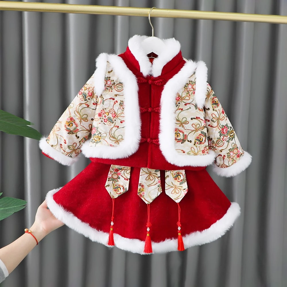 汉服女童冬装新年衣服儿童中国风童装加绒唐装小童过年宝宝拜年服
