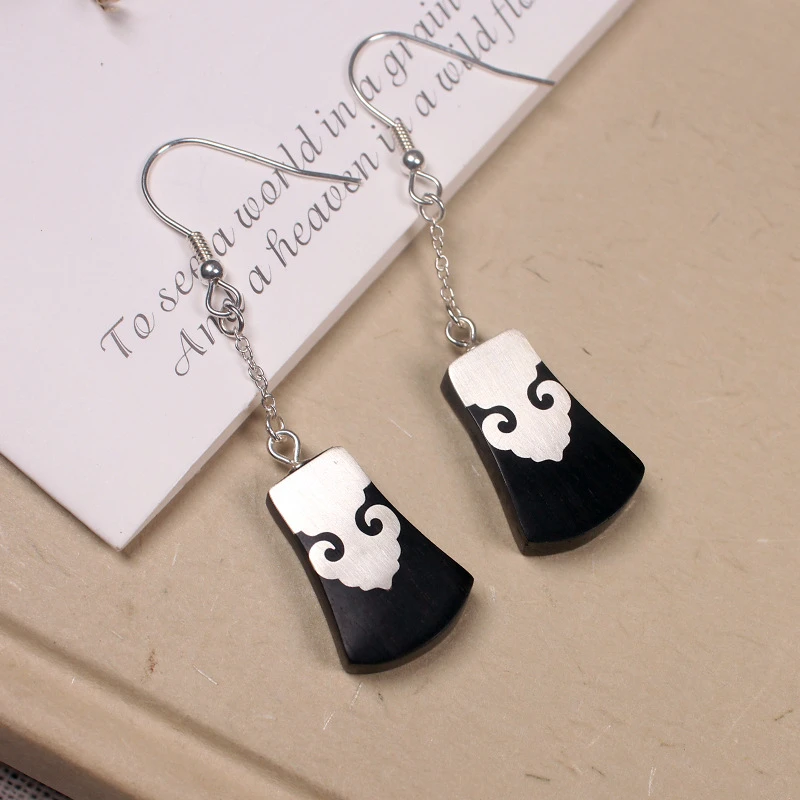 925银耳饰 天然黑檀耳饰925银镶如意中国风（抖音基地发货一物一证