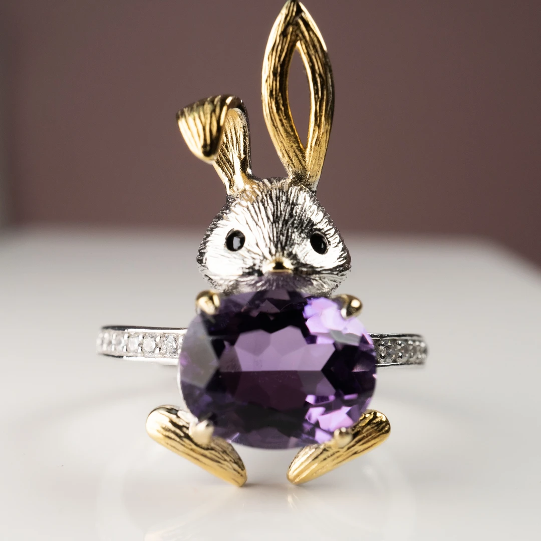 天然高净水紫水晶S925银兔子戒指（抖音基地发货一物一证）