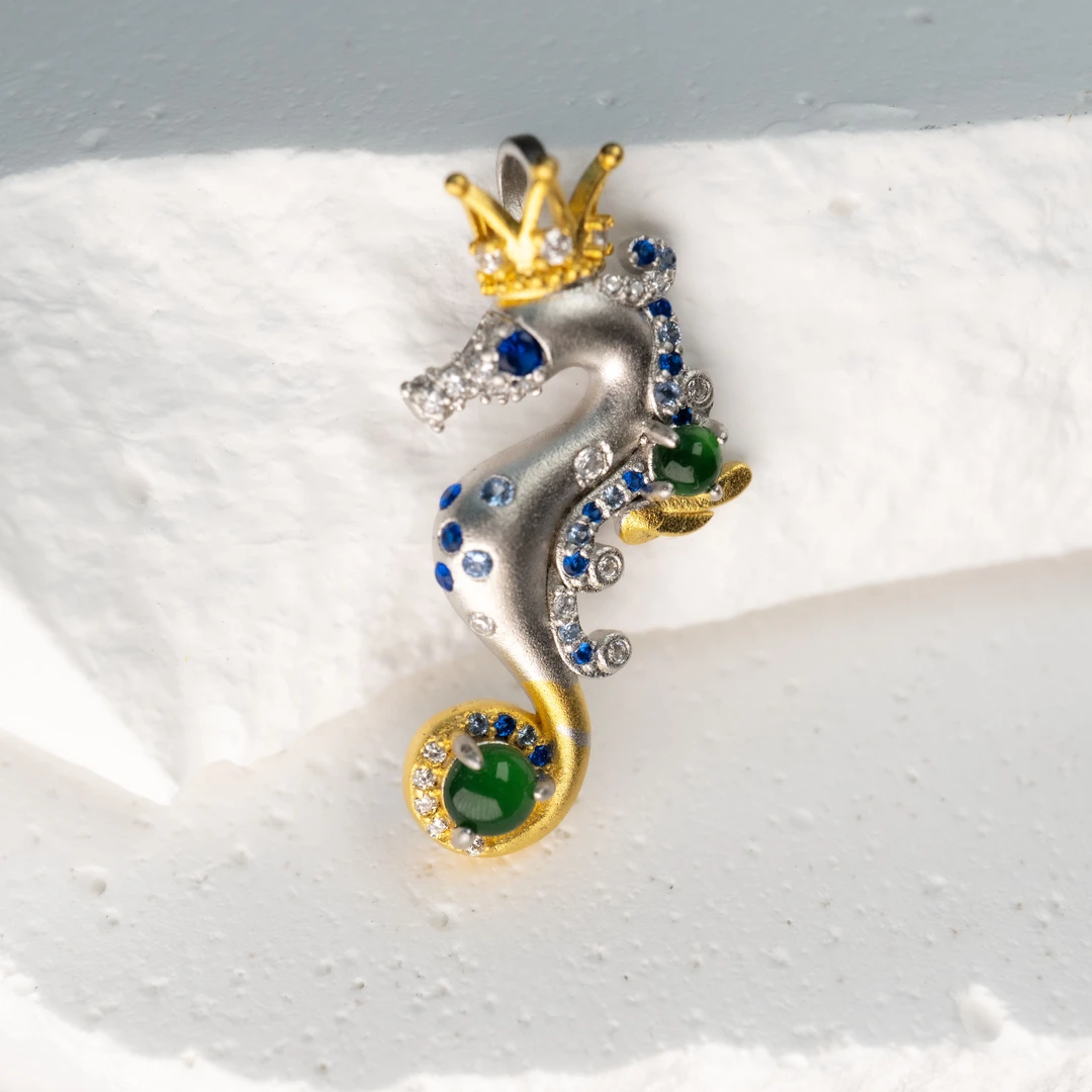 天然缅甸A货翡翠海马王S925银吊坠（抖音基地发货一物一证）带链子