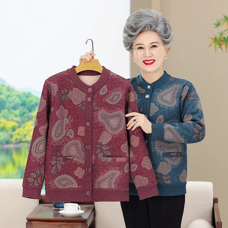 紫竹风韵23815妈妈装秋冬新款弹力针织大码外套中老年人加绒加厚