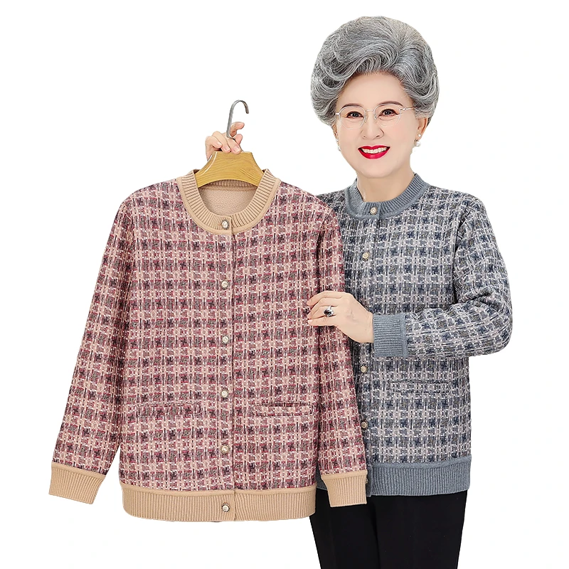 紫竹风韵23855妈妈装秋冬新款弹力针织大码外套中老年人加绒加厚