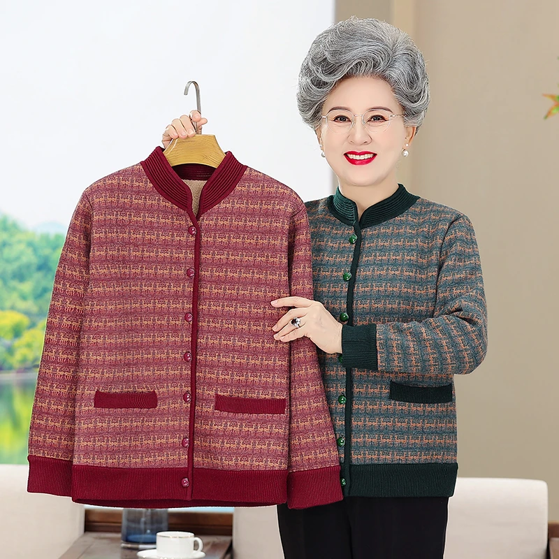 紫竹23882妈妈装秋冬过年新款弹力针织大码外套女装中老年人