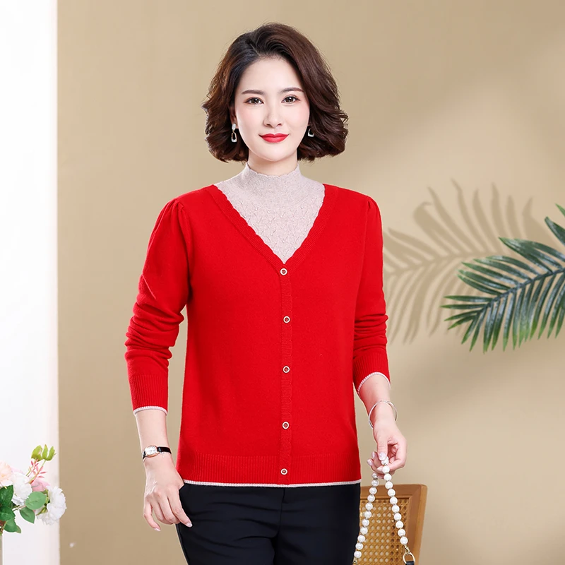 毛衣时尚百搭打底假两件保暖秋冬拼接女士打底拼接老太太羊毛衫