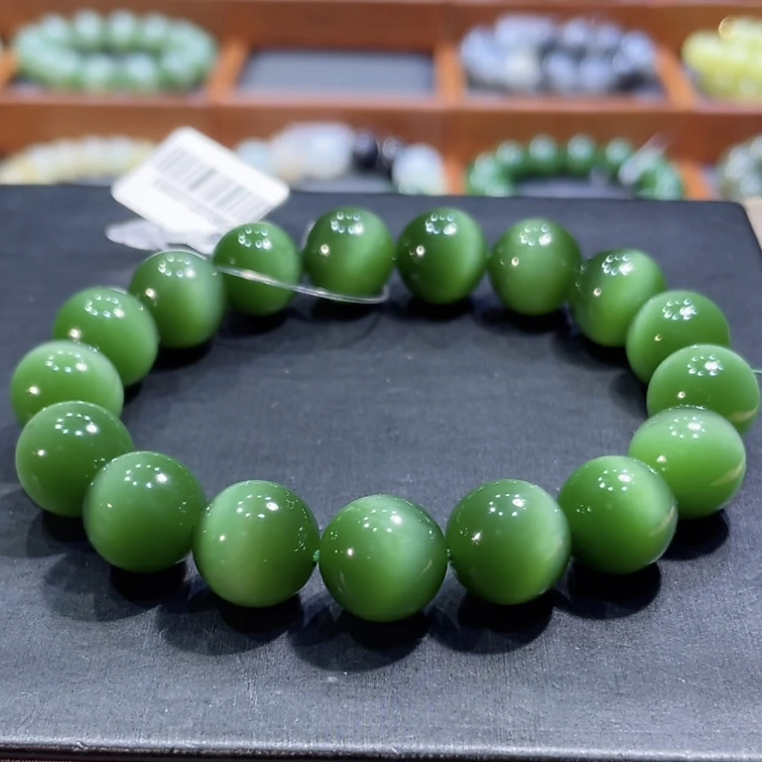 和田玉俄料碧玉一线天帝王绿猫眼手串12mm