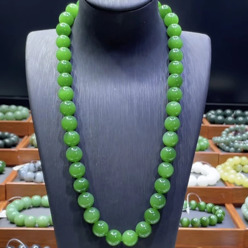 和田玉俄料碧玉艳阳绿多圈手串项链12mm