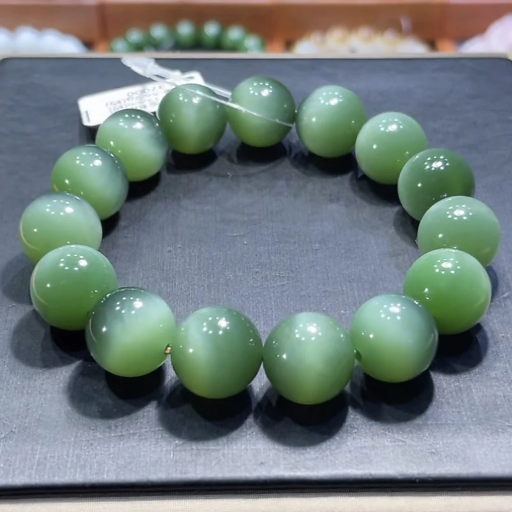 和田玉俄料碧玉老料瓷蓝绿猫眼14mm（约13.5mm）