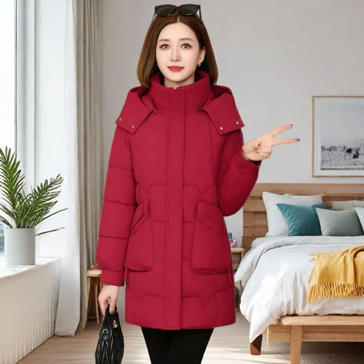 冬装加厚有帽大码时尚棉服女显瘦不臃肿中年妈妈洋气中长棉衣外套