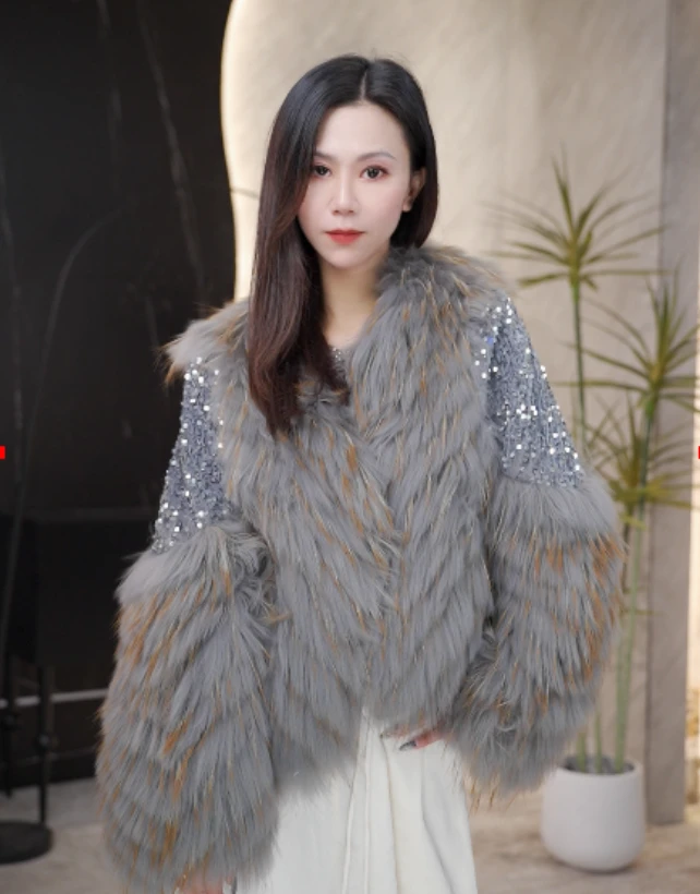 【艾小侎】LLL码秋冬显瘦网红貉子毛皮草外套轻奢新款拼接