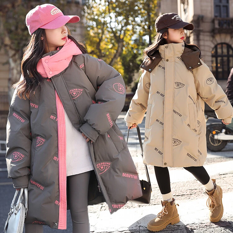 韩版洋气中长款冬季儿童外套童装服休闲字母女童中大童