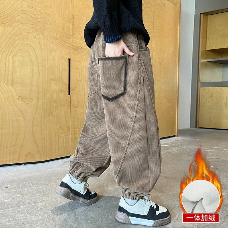 男童一体绒裤子冬款儿童休闲长裤运动裤大童冬季加绒加厚束脚卫裤