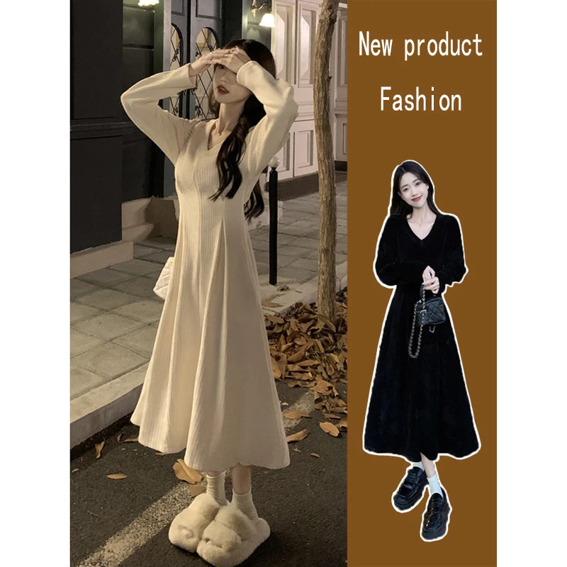 2024新款秋季V领连衣裙修身显瘦气质轻奢小众高级感女装洋气裙子